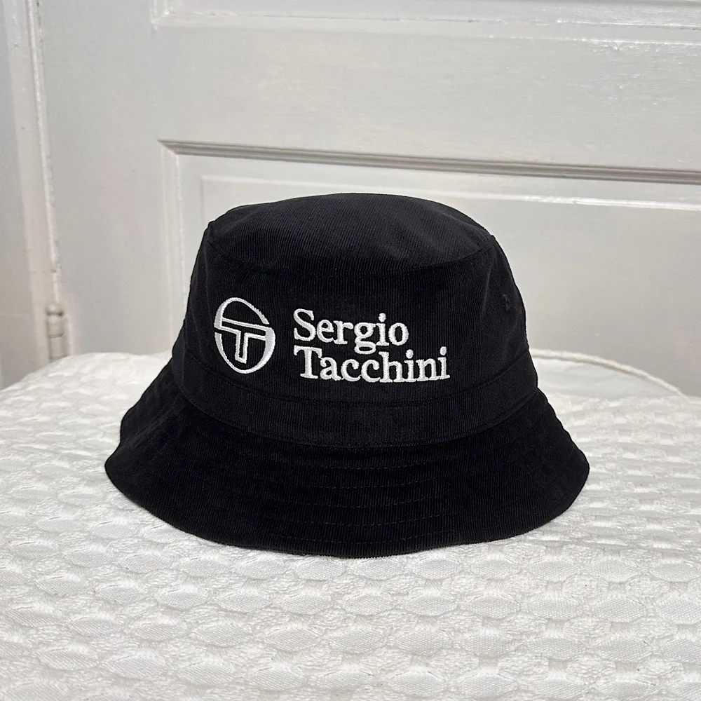 Sergio Tacchini Bucket Hat Embroidered ST Logo Black Corduroy Retro Festival NWT